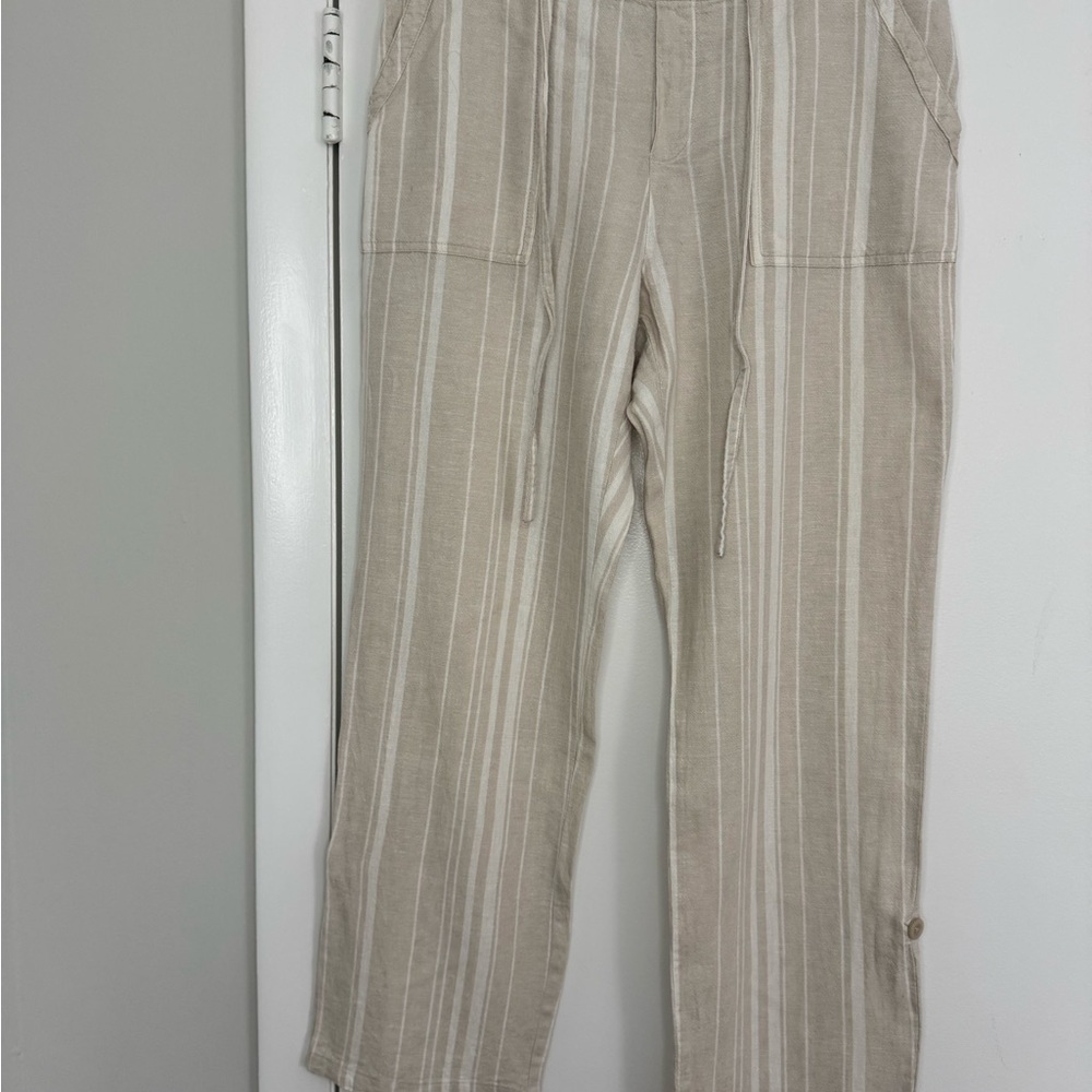 Linen Blend Women's Light Beige Striped Pants